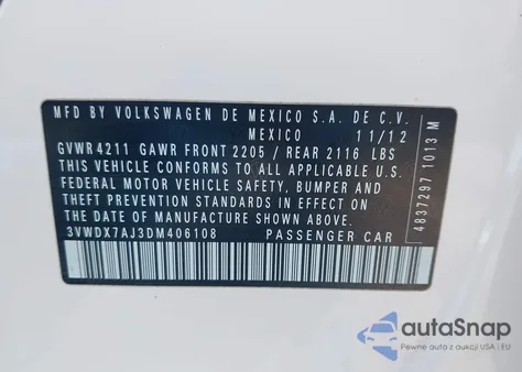 2013 Volkswagen Jetta 2.5L Se из США, поврежденный, VIN 3VWDX7AJ3DM406108